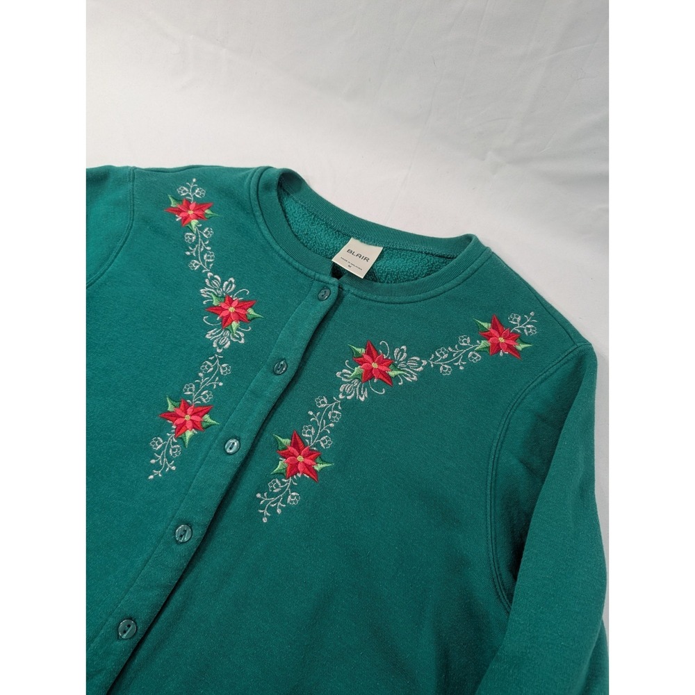 Blair Women Green Holiday Cardigan Medium Sweatshirt Button Front Medium